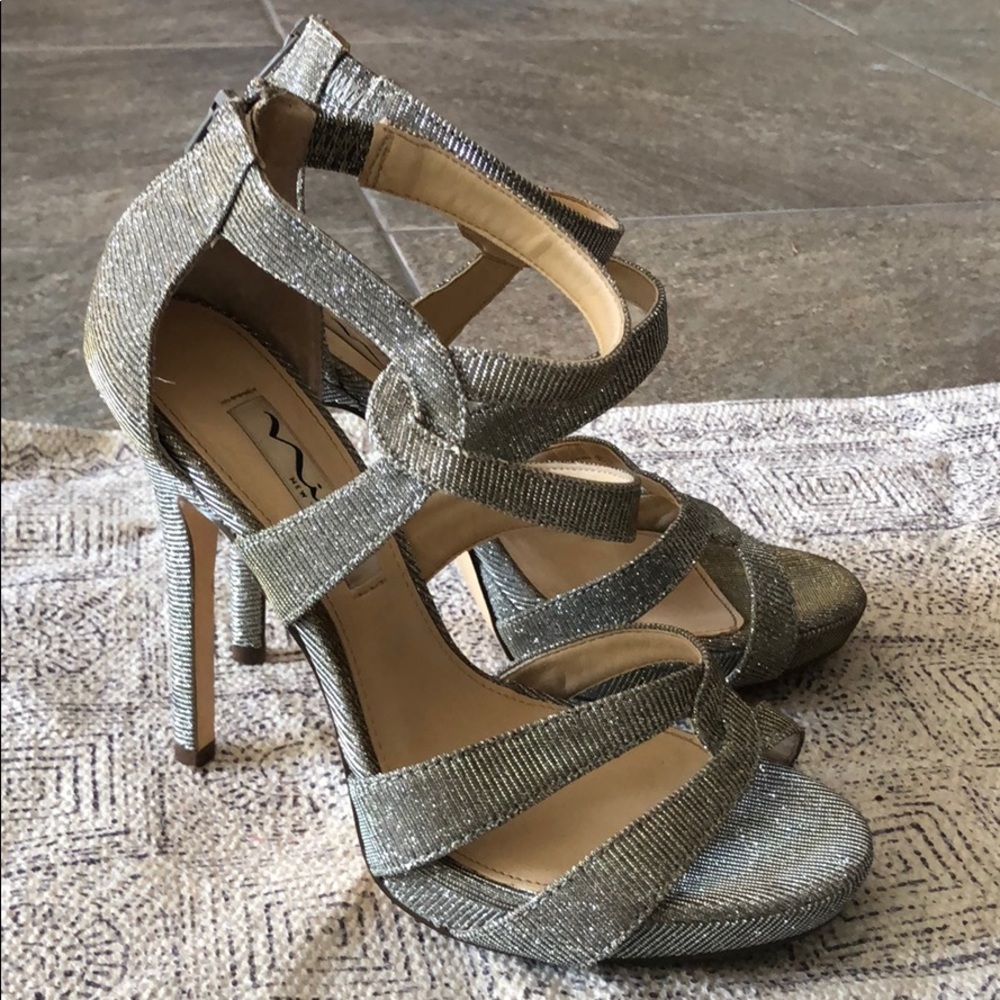 Silver iridescent mesh panel platform heel